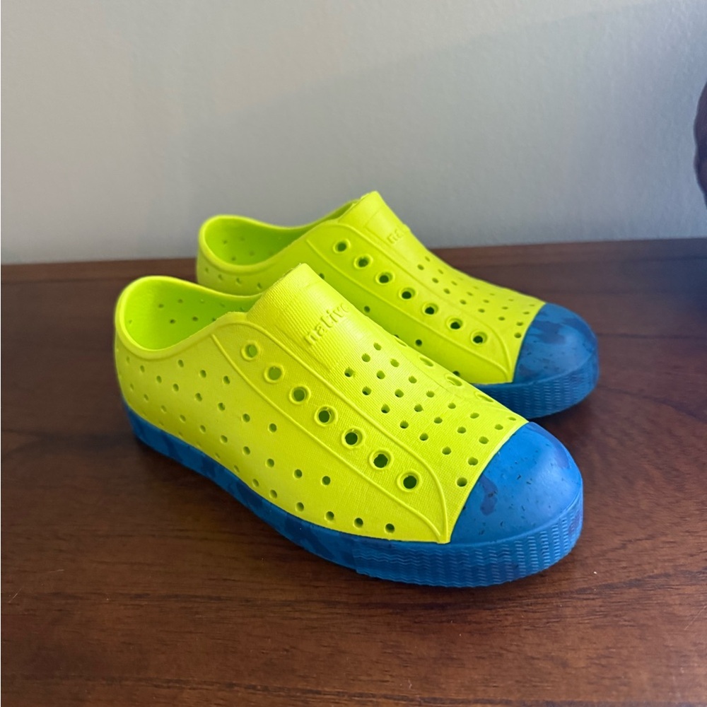 Native Water Shoes Lime green and Blue camo Slip-On Design